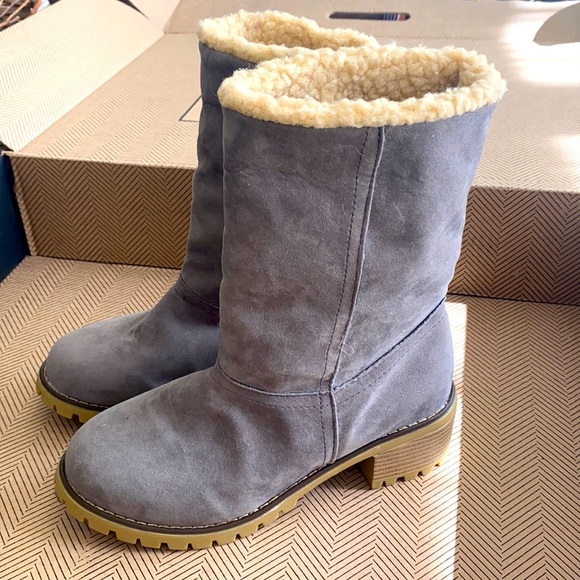 Shoes - Womens Sherpa Collar Fold Over Ankle Winter Boots Faux Suede Gray EUR 40
